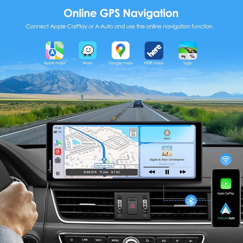 Carpuride 10.26 Inch Wireless/Wired Apple CarPlay, Android Auto and Mirror Link - 1600 * 600 IPS Touch Screen Portable Car Stereo, Bluetooth Audio, Siri, Navigation Car Screen for All Vehicles - Image 4
